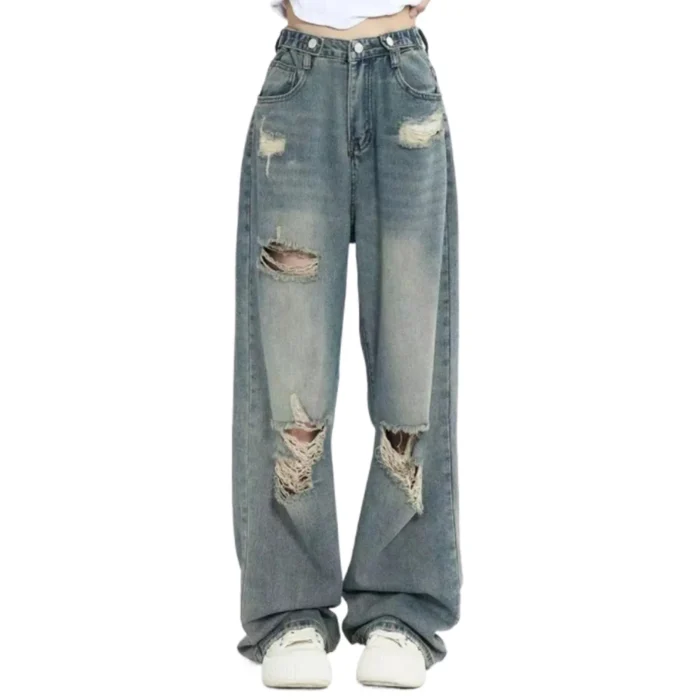 American Retro Hole-Punched Jeans | High Waist Loose Slim Design Wide-Legged Pant
