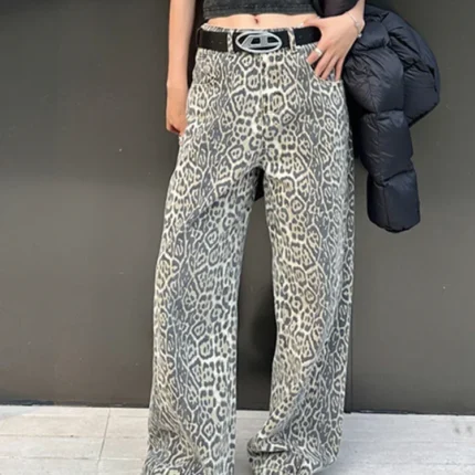 Retro Leopard High Waist Baggy Jeans | Women's Y2K Pant