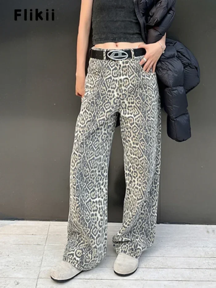 Retro Leopard High Waist Baggy Jeans | Women's Y2K Pant