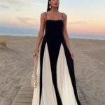 Gauze Contrasting Color Strap Maxi Dress Elegant Backless Sleeveless Gown