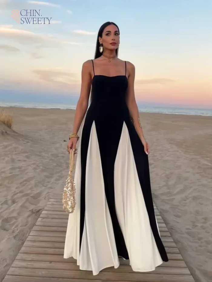 Gauze Contrasting Color Strap Maxi Dress Elegant Backless Sleeveless Gown