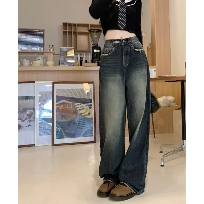 Women's Wide Leg Jeans Retro Straight Denim Trousers Street Fashion
