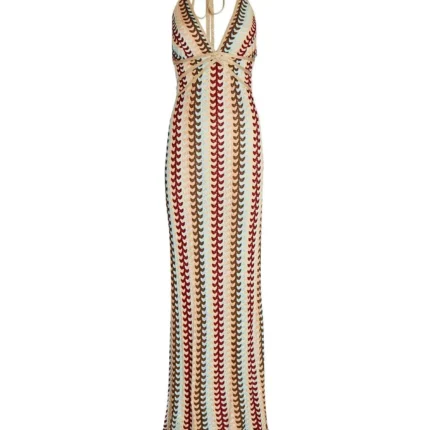 Sexy Deep V-neck Crochet Halter Long Dress Elegant Backless Maxi Gown