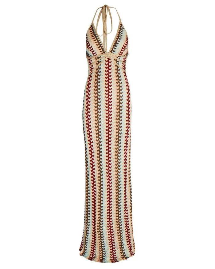 Sexy Deep V-neck Crochet Halter Long Dress Elegant Backless Maxi Gown