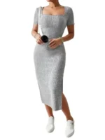 Square Neck Slit Dress Hip-Hugging Short-Sleeved Versatile Knitted Style