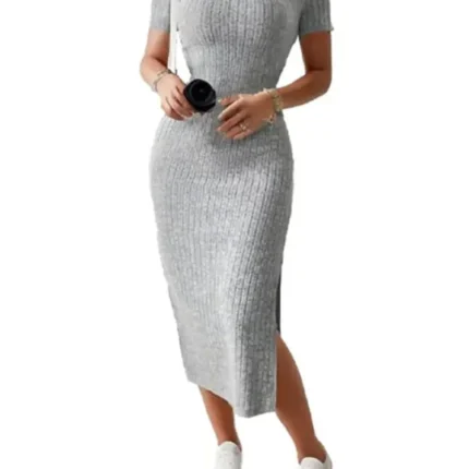 Square Neck Slit Dress Hip-Hugging Short-Sleeved Versatile Knitted Style