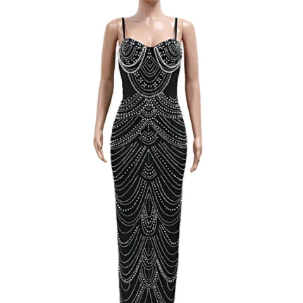 Elegant Evening Dress Sparkly Crystal Rhinestone Pearl Gown
