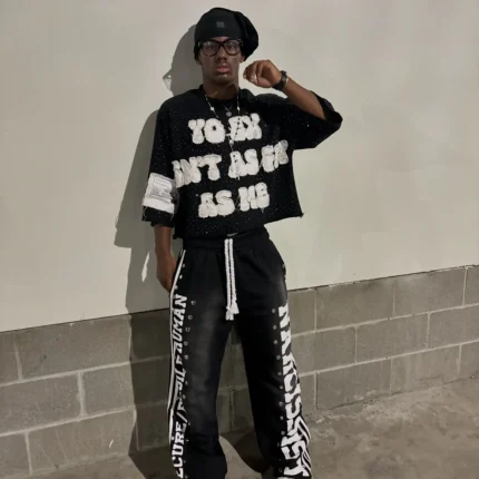 Y2K Hip Hop Retro Sequin Striped Sweatpant & T-Shirt Two-Piece Set