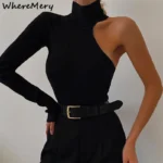 Fantasy Off Shoulder Bodysuit Sexy Turtleneck Ribbed Knit Rave Outfits