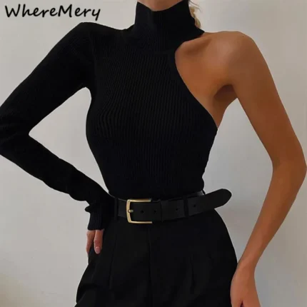 Fantasy Off Shoulder Bodysuit Sexy Turtleneck Ribbed Knit Rave Outfits