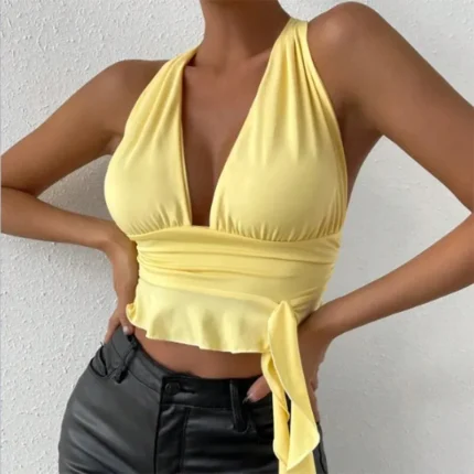 Women's Sexy Deep V-Neck Pleated Top