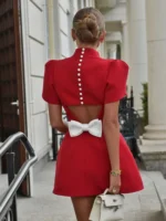 Luxury Mini Dress Red O-neck Mini Dress | Bow Pad Shoulder