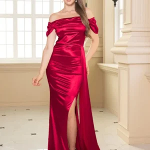 Off Shoulder Ruched Satin Bridesmaids Dress