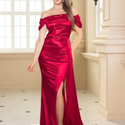Off Shoulder Ruched Satin Bridesmaids Dress
