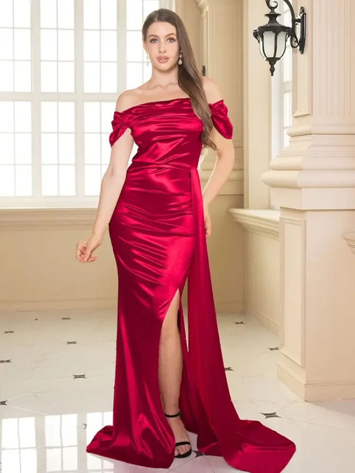 Off Shoulder Ruched Satin Bridesmaids Dress