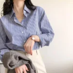 Classic Striped Blouse Long Lantern Sleeve Stand Collar Loose Fit for Spring and Autumn
