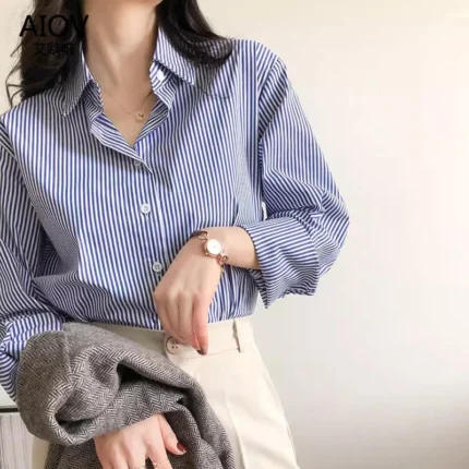 Classic Striped Blouse Long Lantern Sleeve Stand Collar Loose Fit for Spring and Autumn