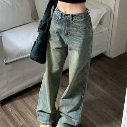 Y2K Baggy Wide Leg Jeans Women's Vintage Washed Denim, Grunge Blue Trousers