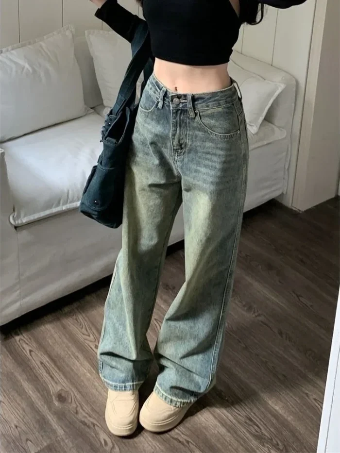Y2K Baggy Wide Leg Jeans Women's Vintage Washed Denim, Grunge Blue Trousers